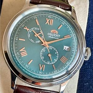 NWOT Automatic Multifunction Orient Bambino Green/Gold Dial 40mm Watch